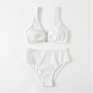<b>White</b> Ribbed 2 Piece <b>Bikini</b> <b>Set</b> V Neck Bandeau Top High Waist Bottoms Stretch Swimwear Women - Product Image 1