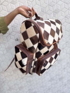Unique Designer Cowhide Leather <b>Backpack</b> Softback Unisex Day <b>Backpack</b> Multiple Pockets Checks Design School Bag Zipper Closure - Product Image 2
