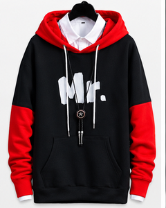 เสื้อฮู้ดพิมพ์ลาย Mr. Letter แบบสวมใส่ได้ทั้งชายและหญิง สีดำแดง ตัดต่อสี  ถักทอแบบสวมหัว ทรงปกติ เหมาะสำหรับใส่ในฤดูหนาว ผลิตจากผ้าฝ้าย 100% - Product Image 1