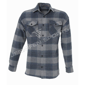 เสื้อเชิ้ตผ้าสักหลาดลายสก็อตสีเทาแบบกำหนดเอง ผ้าขนสัตว์ 100% ขอบดิบ มีกระเป๋าหน้าอก รับปักโลโก้แบบ OEM/ODM - Product Image 1