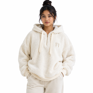Pull à capuche unisexe personnalisé en molleton Sherpa avec demi-fermeture éclair, cordon de serrage, poche frontale et broderie sur la poitrine – Fournisseur de sweats à capuche en coton polaire pour hommes - Product Image 1