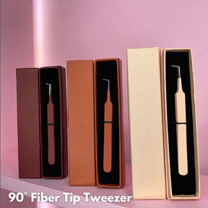 Precision Stainless Steel Eyelash Tweezers Curved Tip Pink Handle Box Packaging - Product Image 2