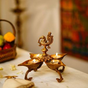 Designer Brass Diya Lamp Set with Unique Back Structure, Multi Wick Oil Lamp for <b>Home</b> <b>Temple</b>, Puja Rituals and Decoration - Product Image 1