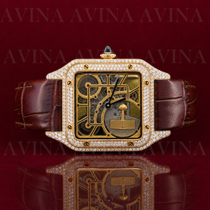 Reloj Automático de Lujo con Esqueleto para Hombre |   Reloj de Pulsera Mecánico de Cristal con Diamantes Cuadrados en Oro Rosa, Estilo Hip Hop |   Correa de Cuero Marrón - Product Image 5