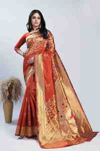 Orange Silk Saree With <b>Gold</b> Zari Border And Floral Motifs For Wedding And Festival Wear Women Traditional Indian Ethnic - Product Image 3