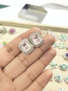 Emerald Cut Rose Quartz and Diamond Flower <b>Silver</b> <b>Stud</b> Earrings 92.5 Sterling <b>Silver</b> Earring - Product Image 3