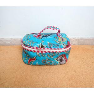 Handmade Reusable 3-Piece Large Multifunction <b>Vanity</b> Case Zipper Set Sustainable Indian blue Diagonal floral Block Printed bag - Product Image 2