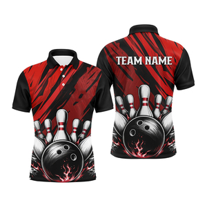 เสื้อโปโลโบว์ลิ่งชาย แขนสั้น พิมพ์ลายดิจิทัล ผ้าถักแห้งเร็ว สไตล์ลำลอง สีดำเทาไล่เฉด - Product Image 1