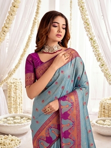 Sari Tradicional de Seda Azul Púrpura con Motivo de Elefante para Mujer, Estilo Indio-Pakistaní, Protección Solar, para Bodas y Playa - Product Image 5