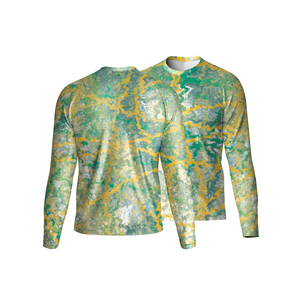 Chemise de pêche à manches longues pour homme UPF 50, imprimé abstrait vert jaune, polyester, anti-UV, pull-over - Product Image 1