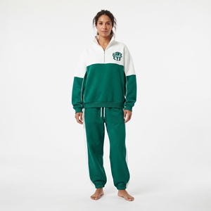 Ensemble de survêtement en molleton de coton chaud pour femmes, deux pièces, tenue d'hiver avec pull à demi-zip - Product Image 4