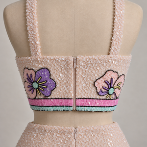 Conjunto de Vestido Mini de Dos Piezas con Cuentas Florales y Corte en A, con Perlas y Cristales, Sin Mangas, Transpirable, con Cintura Natural, para Fiesta, para Mujer - Product Image 4