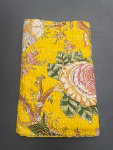 Handmade Vintage Printed <b>Quilted</b> Cotton <b>Throw</b> Blanket Yellow Floral Bohemian Style All-Season Hotel & Home Decor - Product Image 3