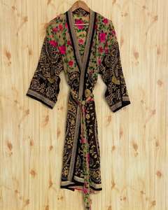 Hand Embroidered Phulkari Kimono Indian Traditional Wedding Party Wear Spring Reversible Sun Protection Cotton Georgette Robe - Product Image 1