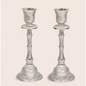 Deluxe <b>Silver</b> Shabbat Candle Holder Set Ornate Engraved Metal <b>Candlesticks</b> for Wedding & Home Decor Taper Candle Holders - Product Image 1