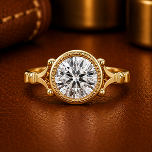 Anillos de compromiso solitarios vintage con diamante redondo cultivado en laboratorio, engastado en bisel, certificado IGI, oro amarillo de 14K, borde Milgrain, del fabricante - Product Image 1