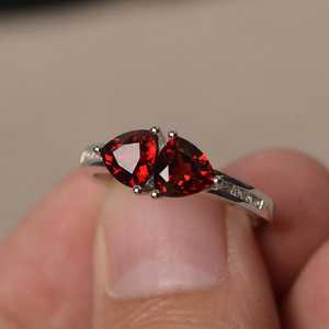 Natural <b>Garnet</b> Double Stone <b>Ring</b> Trillion Cut Red Gemstone <b>Ring</b> Sterling Silver January Birthstone - Product Image 1