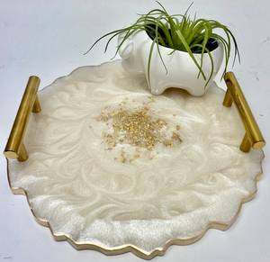 Round Resin Single Tier Storage <b>Tray</b> with Gold Handles Embossed Design Polished Finish Dishwasher Safe Modern Luxury Table Decor - Product Image 1