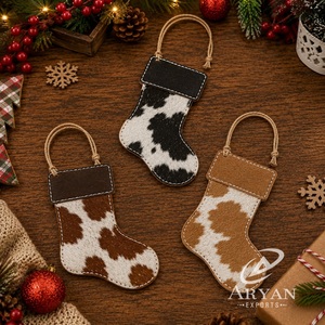 Christmas Tree Decoration Genuine Hair-On Cowhide Leather <b>Small</b> Stocking Hanging Rustic <b>Ornament</b> Holiday Hanging Decoration - Product Image 1