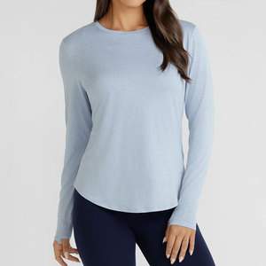 Workout Shirt Seamless Breathable Curved Hem <b>Long</b> Sleeve Thumb Hole Sports Running Top Women Yoga Wear Crew Neck Shirt Plain - Product Image 6