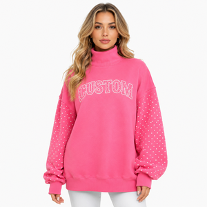 Sudadera con capucha de cuello alto rosa personalizada al por mayor para mujer, informal, de manga larga, con lunares y patchwork, cómoda y a la moda - Product Image 1