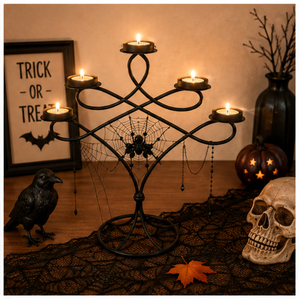 Halloween Spider Web <b>Candelabra</b> 5-Arm <b>Black</b> Metal Candle Holder for Spooky Party Decor Haunted House Centerpiece Candle Stand - Product Image 4