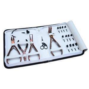 Kit aplicador de extensiones de cabello todo en uno en oro rosa con pinza de presión uniforme para extensiones de cinta, crimpadora de nano perlas y anillo de tres orificios - Product Image 1