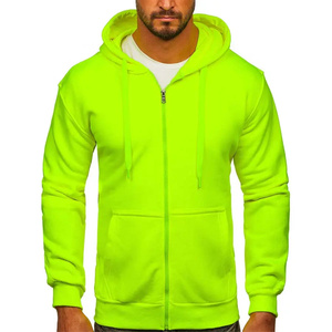 Sweat-shirt à capuche zippé vert fluo pour homme, coupe classique, en molleton, décontracté, pour l'automne, couleur unie, tissu tricoté - Product Image 4