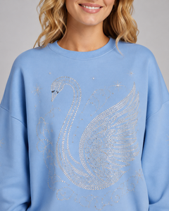 Sudadera Oversize Azul Claro con Pedrería y Estampado de Cisne con Lentejuelas para Mujer, Hombros Caídos, Cuello Redondo, 100% Algodón Tejido, Otoño - Product Image 6
