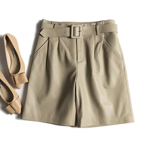 Jupe-short taille haute beige avec ceinture, décontractée, respirante, en polyester/coton, coupe ajustée, pantalon femme tricoté couleur unie - Product Image 1