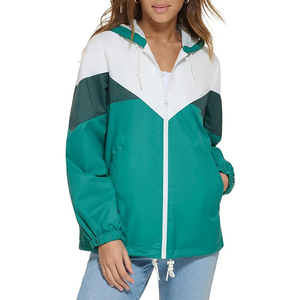 Chaqueta Cortavientos para Mujer, Color Verde Azulado, con Bloques de Color, Capucha, Cierre de Cremallera, Estilo Deportivo, para Todas las Temporadas, Largo Regular - Product Image 1