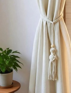 Bohemian Macrame Curtain Tieback – Natural Cotton Rope & Wood Bead – White Window Treatment – Nordic Living Room Decor - Product Image 1