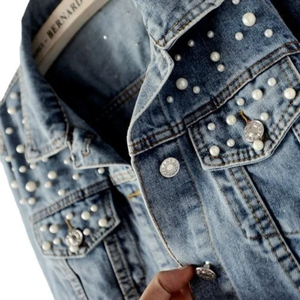 Women's <b>Denim</b> Jacket With Beading Vintage Casual Stonewashed Cotton <b>Coat</b> Autumn Style Regular Fit Solid Color Long Sleeve - Product Image 2