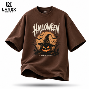 T-shirt d'Halloween pour homme, coupe oversize, en coton marron, avec imprimé graphique Jack O'Lantern, citrouille, chauve-souris, chapeau de sorcière, manches courtes, décontracté - Product Image 1