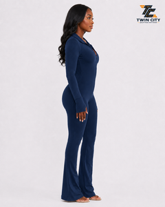 TWIN CITY Women Long Sleeve <b>Zip</b> <b>Up</b> Jumpsuit High Waist Full Length Solid Color Stretchy <b>Polo</b> Collar Modern Jumpsuit - Product Image 3