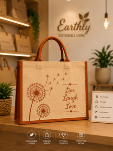 กระเป๋าผ้าฝ้ายพิมพ์ลายดอกแดนดิไลออน รุ่น Live Laugh Love สีเบจพร้อมหูหิ้วสีน้ำตาล - Product Image 4