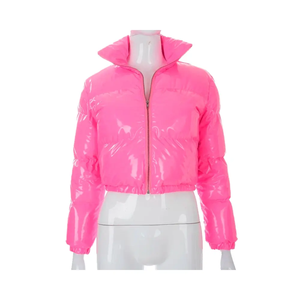 <b>White</b> PU <b>Puffer</b> <b>Jacket</b> Women's Winter Warm Short Coat Casual Stand Collar Zipper Front Thick Polyester Wadding Coated Style - Product Image 6