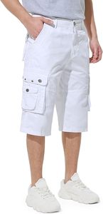 Men's <b>White</b> <b>Cargo</b> Shorts Solid Color Mid Waist Breathable Casual Style Bermuda Length Pockets Elastic Waist - Product Image 4