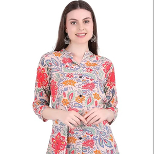 SAZU Stylish Floral Print Women’s <b>Kurti</b> with Vibrant Multicolor Design Comfortable Cotton Fabric Button Front Mandarin Collar - Product Image 1