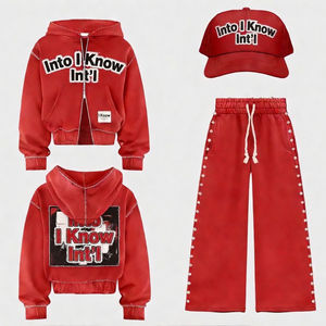 Ensemble sweat à capuche et pantalon de survêtement unisexe en coton 100% personnalisé, style streetwear vintage, coupe ample, 2 pièces, avec fermeture éclair, effet vieilli, délavé à l'acide et strass - Product Image 5