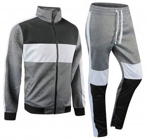 Ensemble de survêtement pour homme en coton 100% gris, noir et blanc avec blocs de couleur, sweat à capuche à manches longues avec cordon de serrage et poches latérales, style sportif - Product Image 1