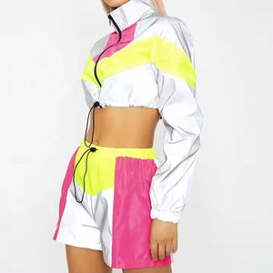 Conjunto de Chaqueta Corta y Pantalones Cortos Deportivos para Mujer, Diseño Color Block Reflectante, Ligero, Dos Piezas - Product Image 6