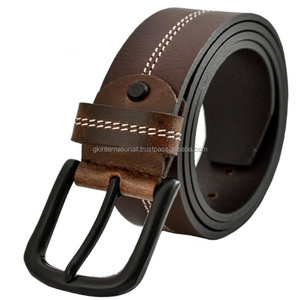 Cinturón Casual de Cuero Marrón de Grano Completo, Curtido Vegetalmente, para Hombre, con Doble Costura y Hebilla de Latón Plateado Negro - Product Image 5