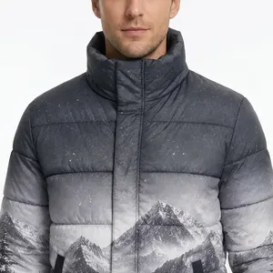 Men's Winter Puffer <b>Jacket</b> Snow Mountain Print Stand Collar Zipper Closure Windproof Casual Thick Polyester Material - Product Image 5