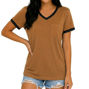 <b>Women's</b> <b>Brown</b> V-Neck Short Sleeve T-Shirt with Pocket Casual Organic Cotton Fleece Breathable <b>Top</b> Spring Summer Wear - Product Image 3