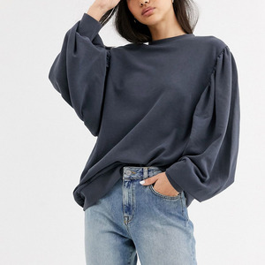 Oversized Crew Neck Sweatshirt Women 100% Cotton Puff Sleeve Knitted Solid Color Autumn Casual <b>Top</b> - Product Image 1