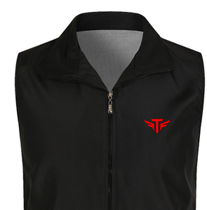 <b>Men's</b> <b>Black</b> Zippered Sleeveless <b>Vest</b> Red Embroidered Logo Stand Collar Windproof Breathable Eco-Friendly Canvas Casual Outerwear - Product Image 3