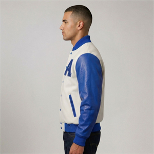 Veste de sport bleue pour homme avec manches en cuir PU jaune, lettre S brodée, fermeture à boutons sur le devant, style preppy, vêtement d'automne - Product Image 6