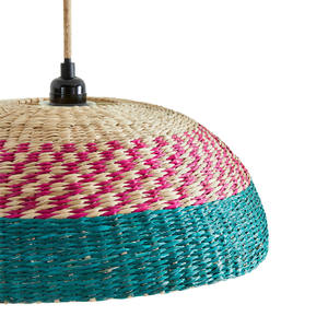 Abat-jour en rotin tricolore, abat-jour suspendu tissé rayé, abat-jour en forme de dôme peu profond bleu sarcelle et rose - Product Image 2