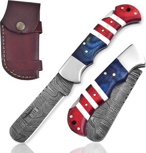 Couteau pliant haut de gamme artisanal en acier Damas, pointe tombante, manche en bois Pakka et résine patriotique, pommelle en acier inoxydable, étui en cuir, EDC - Product Image 1